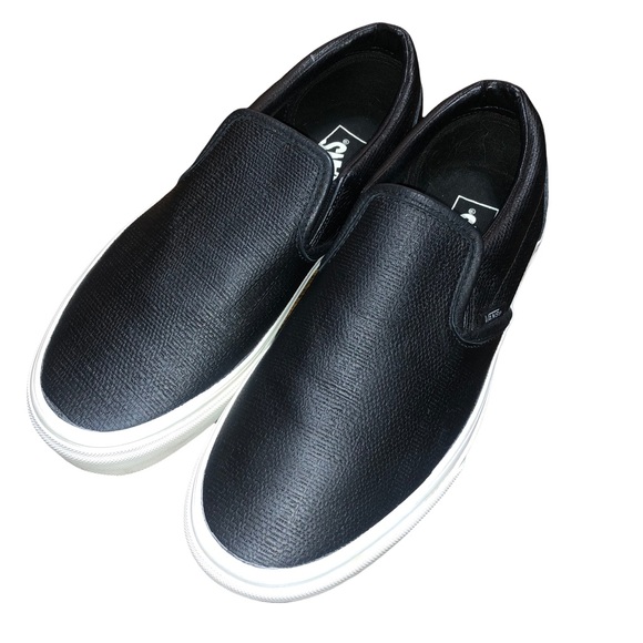 Vans Shoes | Vans Black Leather Classic Slip on Sneakers | Color: Black/White | Size: 10 | Jessicamc02's Closet